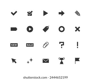 A set of various monochrome icons that can be used with text.