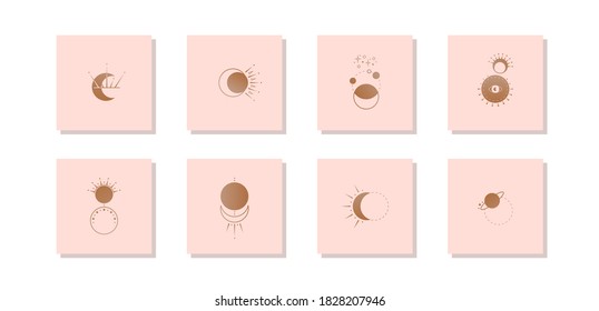 Set of various Moons. Simple minimalistic Icons. Logo template. Trendy vector illustration. Astrology, esoteric, yoga, alchemy concept. Print idea. Boho abstract style. All elements are isolated