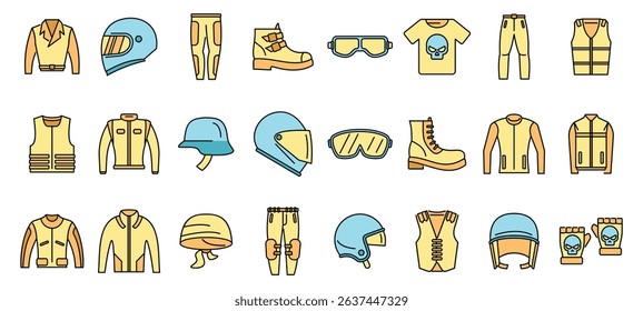Set of various motorcycle apparel and accessories in vibrant colors