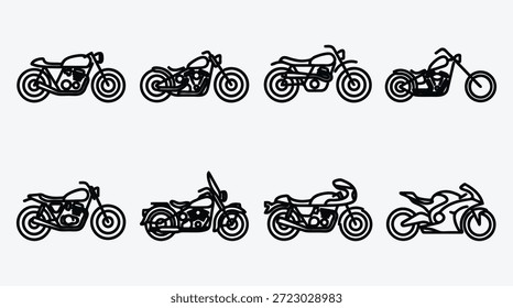 Conjunto de varias siluetas de motocicleta en perfiles de vista lateral diferentes diseños de bicicletas