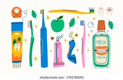 Set of various mouth cleaning tools. Toothbrushes, toothpaste, dental floss, mouthwash, etc. Dental hygiene, Oral care, healthcare concept. Top and side view. Hand drawn Vector isolated illustrations