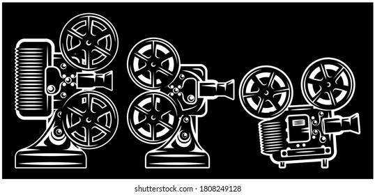 Set of various movie projectors. Retro style. Monochrome vector illustration.