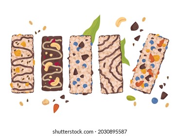 Set of various muesli bars on a white background. A healthy snack on the road for schoolchildren, children and athletes. Vector hand drawn illustration of food in cartoon flat style. Isolated clipart.