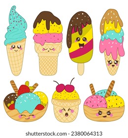 Set of various multicolored ice cream characters. Vector illustration isolated on white background, cartoon style
