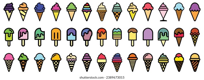 Conjunto de varios íconos de helados multicolores, palos y conos de palas, ilustración vectorial aislada en fondo blanco
