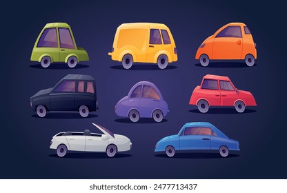 Un conjunto de varios coches de pasajeros multicolores. Colección de Vector aislado ilustraciones de dibujos animados de transporte.