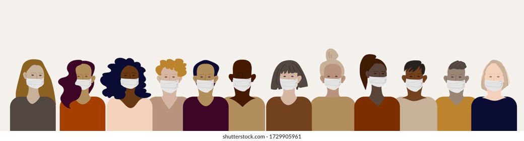 Set of various multinational human faces in protective medical masks. Vector illustration. All objects are grouped and isolated. EPS 10