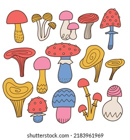 A set of various mushrooms drawn by hand. Retro 70s contour style Mushrooms. Linear Vector eps illustration.
