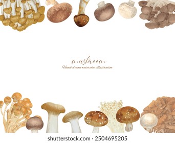 Set of various mushrooms hand drawn by watercolor