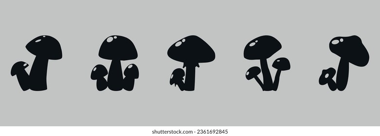 Set of various mushrooms. Mushroom silhouette. Vector illustration on a gray background.