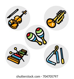 Set of various music instruments in flat linear style. Instruments for music class. 