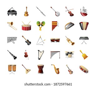 set of various musical instrument, piano banjo guitar flute drum maraca and others vector illustration detailed