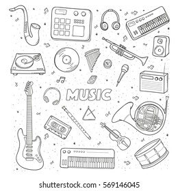 Set of a various musical instruments. Contour  illustration. Tape recorder, record player, turntable, headphones, microphone, violin, trumpet, synthesizer, flute, speakers.