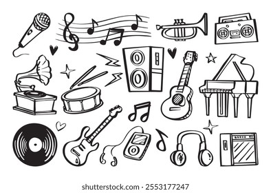 Conjunto de vários instrumentos musicais em estilo doodle com guitarra, tambor e escala musical. Ilustração de desenho animado vetorial