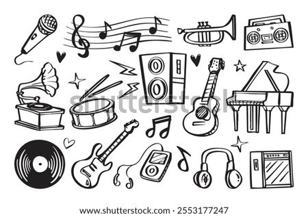 Set of various musical instruments in doodle style with guitar, drum, and musical scale. Vector cartoon illustration