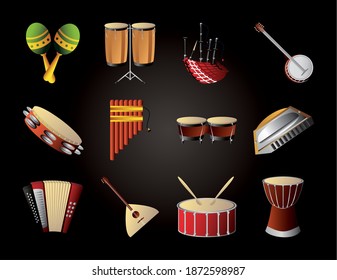 set of various musical instruments such as accordion maracas drums banjo vector illustration detailed