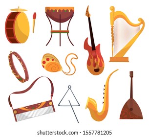 Set various musical instruments tambourine, drums, acoustic. Electronic guitars violin accordion trumpet and drums - music tools cartoon flat vector