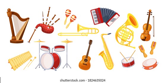 Set various musical metal wood acoustic instruments: violin, tambourine, harp, trombone, bagpipe, saxophone, accordion, guitar, drum, tambourine, synthesizer, bagpipes, maracas, rumba cartoon vector