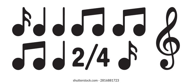 Set of various musical notation signs including treble clef and time signature for music educational projects.