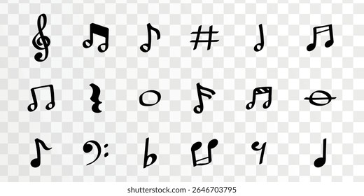 Set of various musical notes and symbols on a transparent background. Includes treble clef, sharp, and various note types. Perfect for music-themed designs. Music illustrations, isolated vector set.