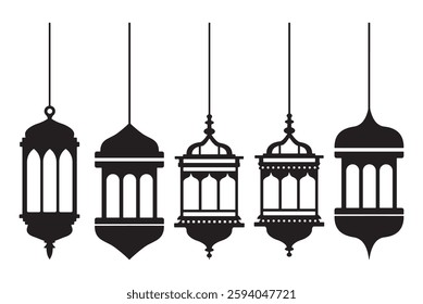 set of various muslim traditional hanging lanterns silhouette for ramadan kareem eid mubarak holidays arabic islamic designs isolated on white background vector illustration