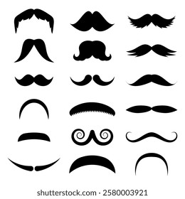 Set of Various Mustache Silhouettes Vector Illustration. This vector illustration features a collection of sixteen different mustache silhouettes, each with a unique shape and style. 