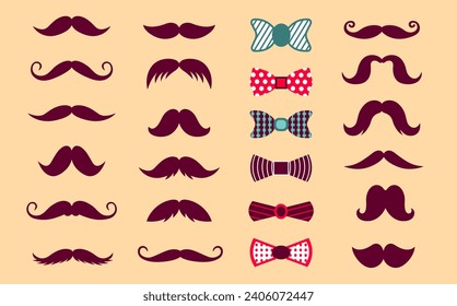 Set with various mustaches and bows. Cute collection of icons in flat style. Vector illustration with separate textures on items.