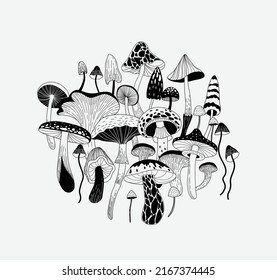 Set of various mystical mushrooms. Hippie magic boho wall art background. Psychedelic vector illustration. Magic and boho texture. Hand drawn style graphic set