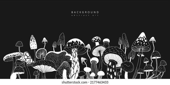 Set of various mystical mushrooms. Hippie magic boho wall art background. Psychedelic vector illustration. Magic and boho texture. Hand drawn style graphic set