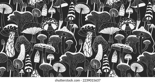 Set of various mystical mushrooms. Hippie magic boho wall art background. Psychedelic vector illustration. Magic and boho texture. Hand drawn style