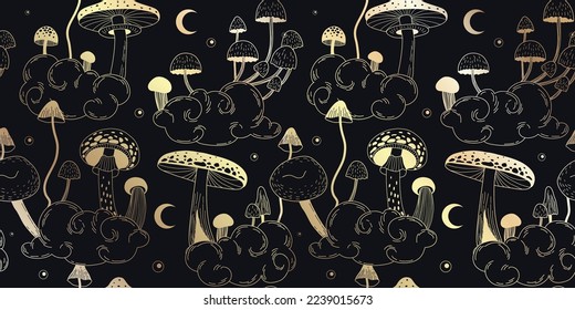 Set of various mystical mushrooms. Hippie magic boho wall art background. Psychedelic vector illustration. Magic and boho texture. Hand drawn style