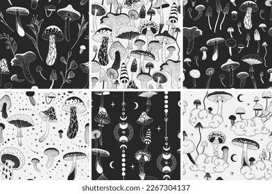 Set of various mystical mushrooms. Hippie magic boho wall art background. Psychedelic vector illustration. Magic and boho texture. Hand drawn style