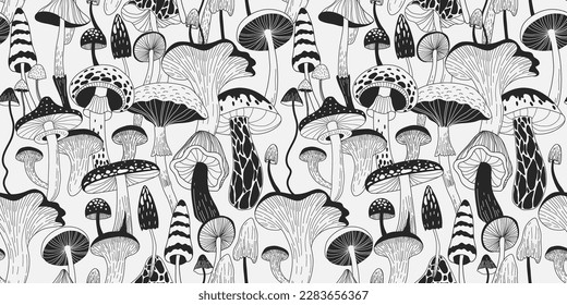 Set of various mystical mushrooms. Hippie magic boho wall art background. Psychedelic vector illustration. Magic and boho texture. Hand drawn style