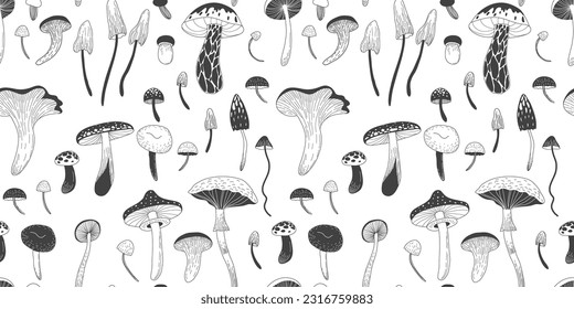 Set of various mystical mushrooms. Hippie magic boho wall art background. Psychedelic vector illustration. Magic and boho texture. Hand drawn style