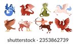 Set of various mythical creatures flat style, vector illustration isolated on white background. Decorative design elements collection, fantasy and legends, pegasus, centaur and dragon