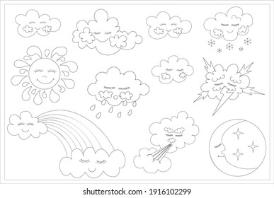 A set of various natural phenomena (sun, thunder, thunderstorm, rain, clouds, rainbow, wind, snow, moon, stars). Coloring book for children. Vector illustration.