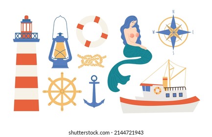 Set of various  nautical elements . Vector hand drawn illustration in flat cartoon style. All elements are isolated on white background.