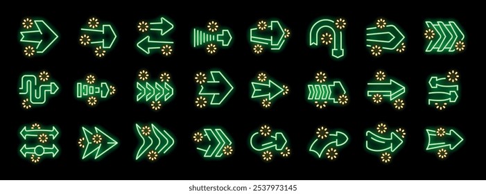 Conjunto de varias flechas verde neón con chispas amarillas sobre fondo negro, que indican múltiples direcciones y movimientos