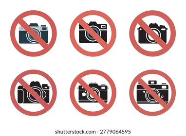 Set of various no camera signs indicating prohibition of photography. Icons for restricted photo zones.