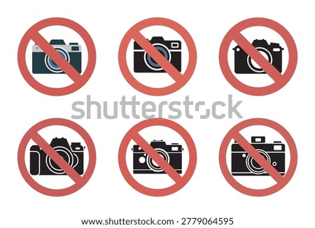 Set of various no camera signs indicating prohibition of photography. Icons for restricted photo zones.