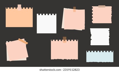 Set of various note papers on black background. Vector illustration