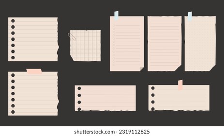 Set of various note papers on black background. Vector illustration