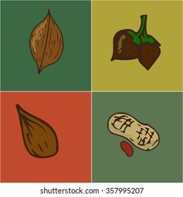 Set of various nuts isolated on dark squares.