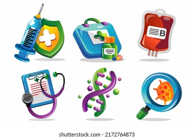 Set von verschiedenen Objekten gesund und medizinisch mit Spritze, Erste-Hilfe-Tasche, Blutbeutel, Lupe, Keime, DNA-Struktur, Zwischenablage und Stethoskop im Cartoon-Stil, Vektorgrafik