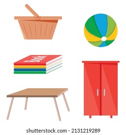 Set of various objects- basket, book, table, book and cupboard