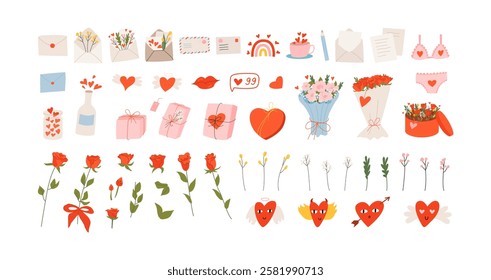 Set of various objects and flowers for valentine's day holiday. Vector flat illustration of roses, hearts, romantic envelopes, gift boxes, floral bouquets, etc.