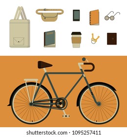 A set of various objects for trave with Bicycle, trip, trekking, plein air. Notepad, documents, tickets, passport, coffee cup, phone,  keys, book, tissue bag, waist bag, sunglasses, purse. Vector