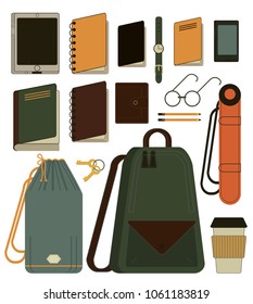 A set of various objects for travel, recreation, business trip, trekking, study. Notepad, documents, glasses passport, coffee, phone, tablet, keys, tube, tissue bag, backpack, notebook, purse. Vector