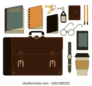 A set of various objects for travel, recreation, business trip, trekking, business. Book, documents, notebook,  coffee, phone, tablet, keys, tube, pencil, case, glasses, purse, watch. Vector set