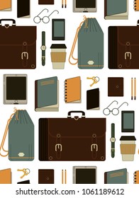 A set of various objects for travel, recreation, business trip, trekking, business. Book, documents, notebook,  coffee, phone, tablet, keys, tube, pencil, case, glasses, purse, watch. Vector set